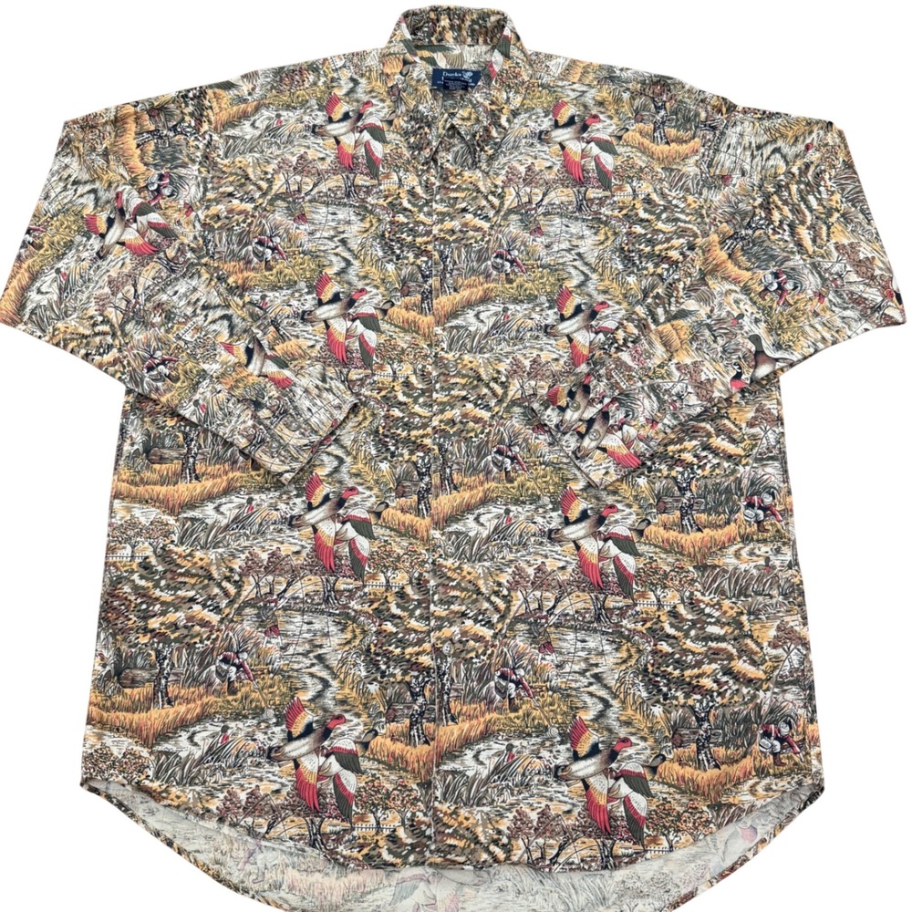 Ducks Unlimited Button Down Shirt Mens Medium Tan Vintage Mallard Duck Print 90s